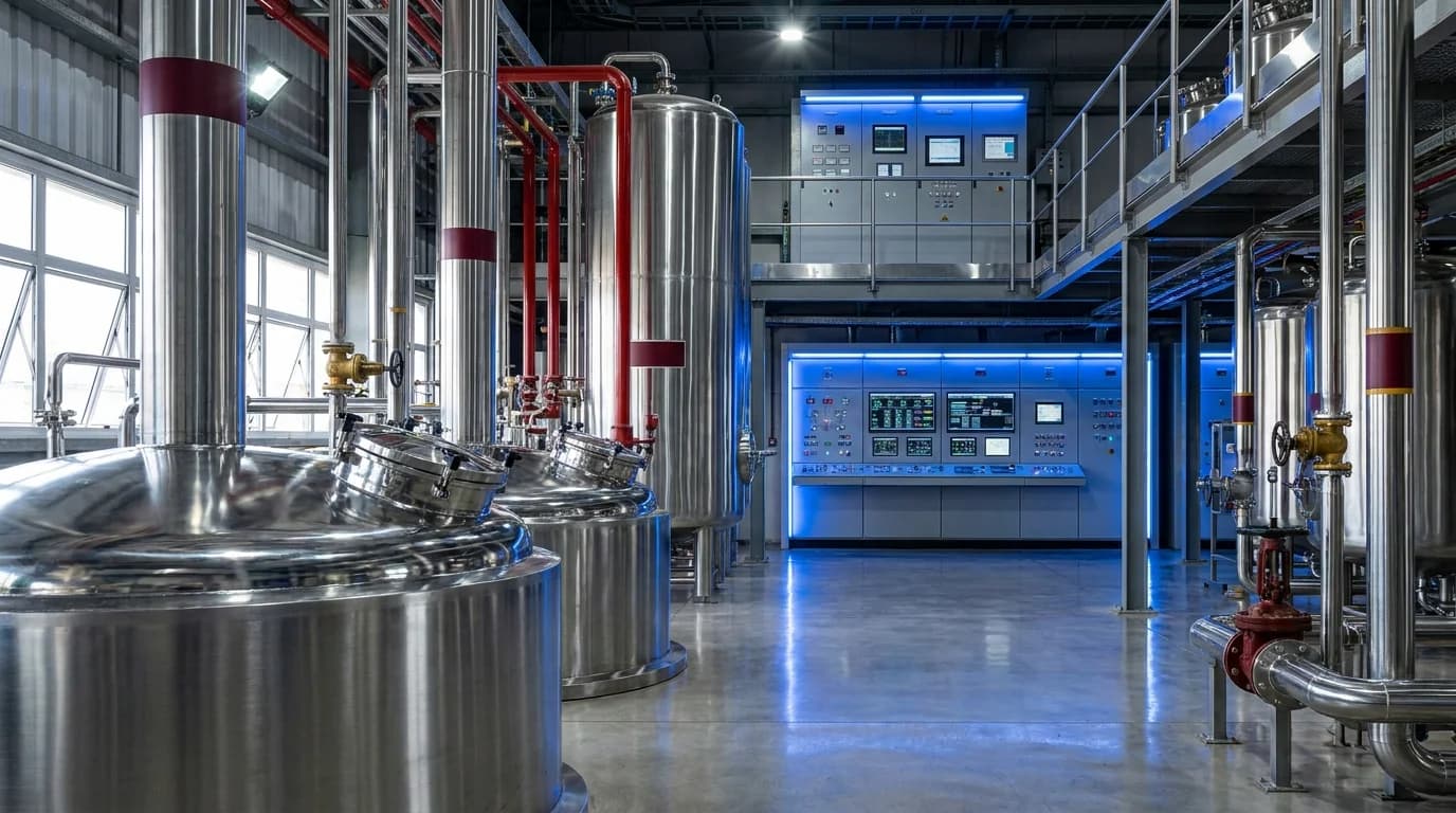 Planta industrial química com tanques cromados, pipelines vermelhos e painel de controle iluminado - Grik Contabilidade Ponta Grossa PR