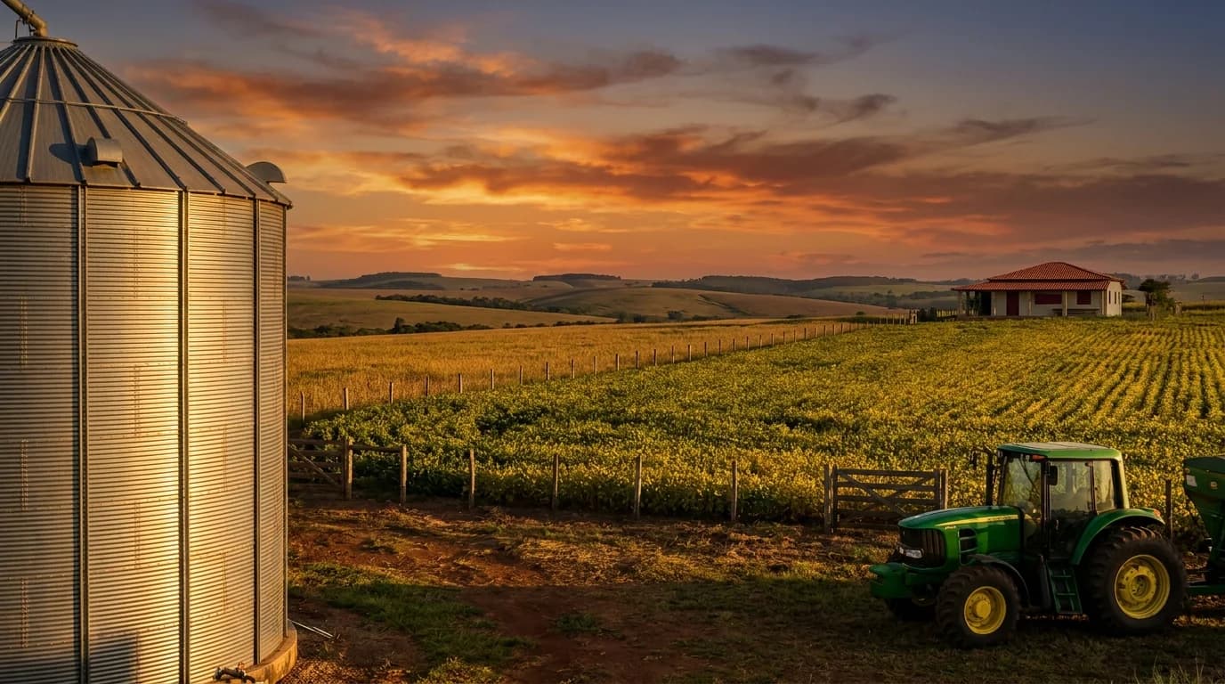 Fazenda rural premium dos Campos Gerais com silo de grãos, campo de soja madura e trator no entardecer dourado - blindagem patrimonial Grik Contabilidade Castro PR Fazenda rural premium dos Campos Gerais com silo de grãos, campo de soja madura e trator no entardecer dourado - blindagem patrimonial Grik Contabilidade Castro PR