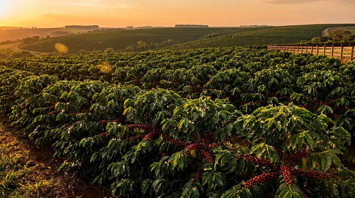 Plantação de café premium do Brasil com grãos maduros vermelhos e colinas ao entardecer dourado - Grik Contabilidade Castro PR Plantação de café premium do Brasil com grãos maduros vermelhos e colinas ao entardecer dourado - Grik Contabilidade Castro PR
