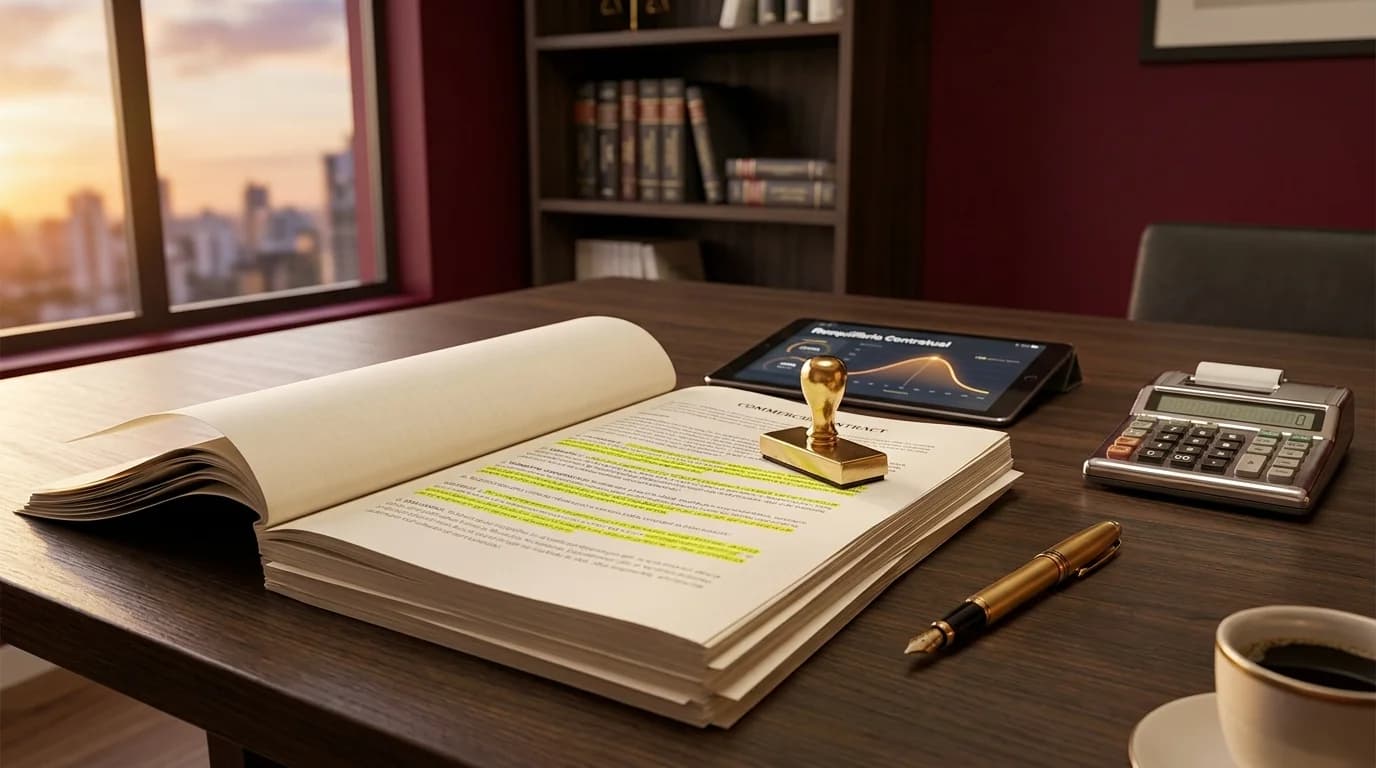 Mesa de reunião jurídico-contábil premium com pilha de contratos, carimbo dourado, caneta-tinteiro e tablet de reequilíbrio - Grik Contabilidade Ponta Grossa PR Mesa de reunião jurídico-contábil premium com pilha de contratos, carimbo dourado, caneta-tinteiro e tablet de reequilíbrio - Grik Contabilidade Ponta Grossa PR