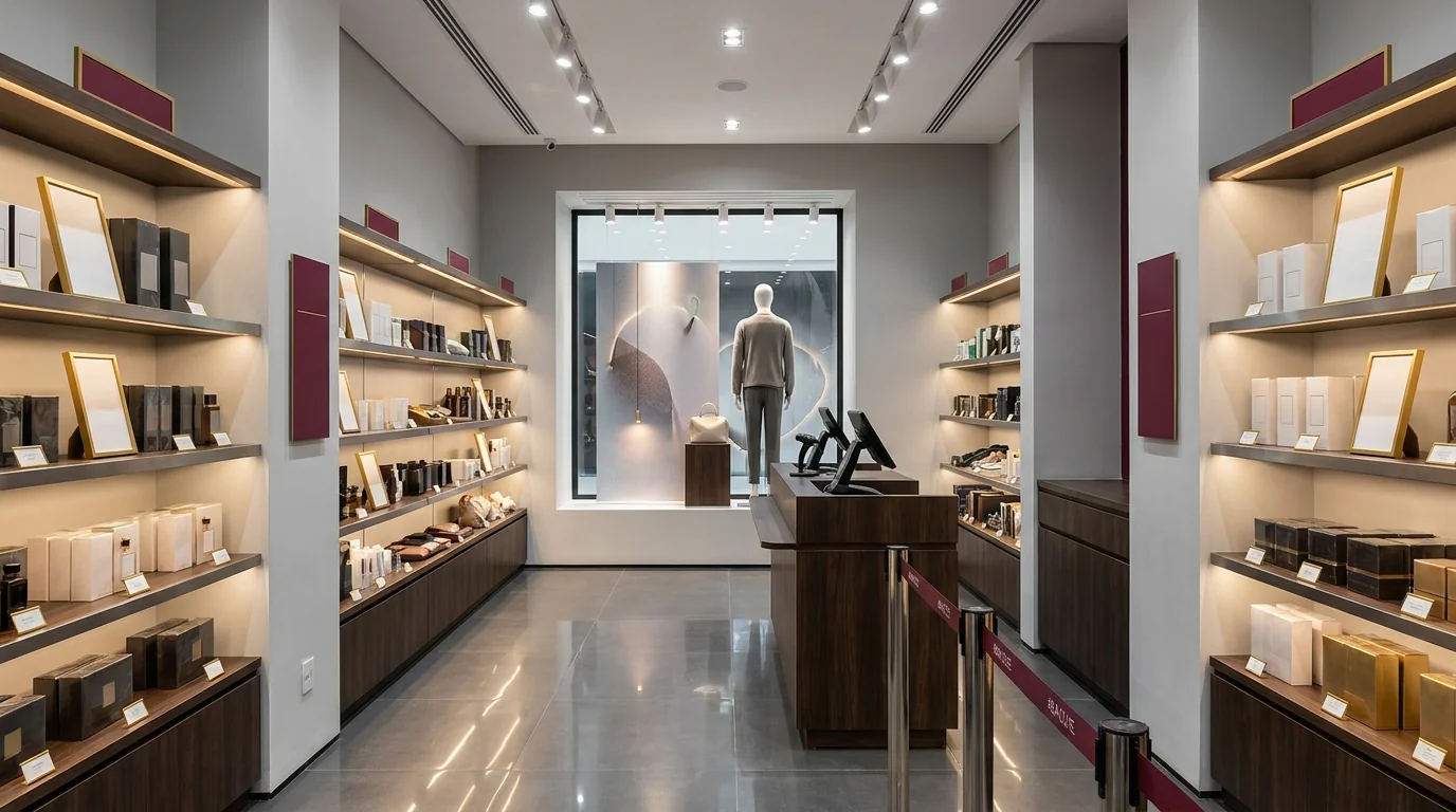 Interior de loja de varejo premium com prateleiras iluminadas, balcão de PDV em madeira escura e vitrine ao fundo - contabilidade de varejo Grik Contabilidade Ponta Grossa PR Interior de loja de varejo premium com prateleiras iluminadas, balcão de PDV em madeira escura e vitrine ao fundo - contabilidade de varejo Grik Contabilidade Ponta Grossa PR