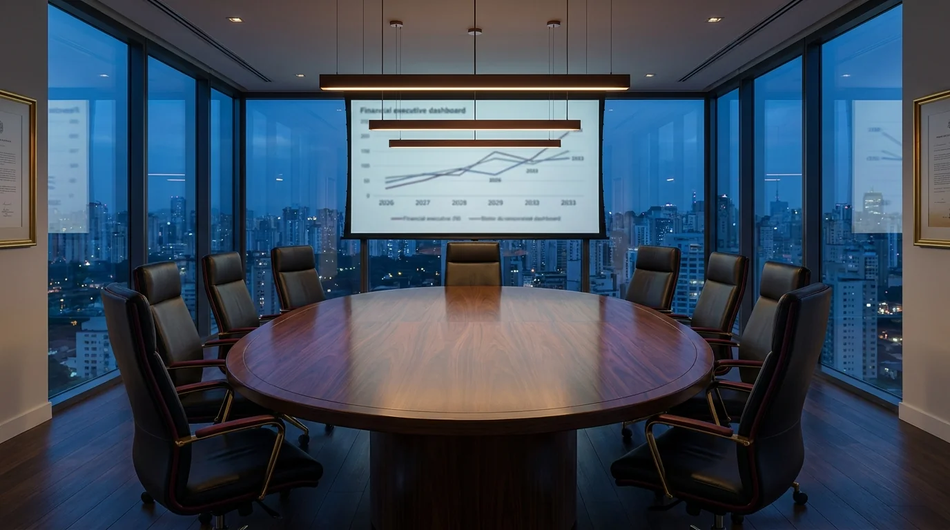 Sala de reunião executiva C-level noturna com mesa oval de madeira nobre, tela de projeção exibindo dashboard 2026 a 2033 e skyline noturno ao fundo - planejamento tributário preditivo Grik Contabilidade Ponta Grossa PR Sala de reunião executiva C-level noturna com mesa oval de madeira nobre, tela de projeção exibindo dashboard 2026 a 2033 e skyline noturno ao fundo - planejamento tributário preditivo Grik Contabilidade Ponta Grossa PR