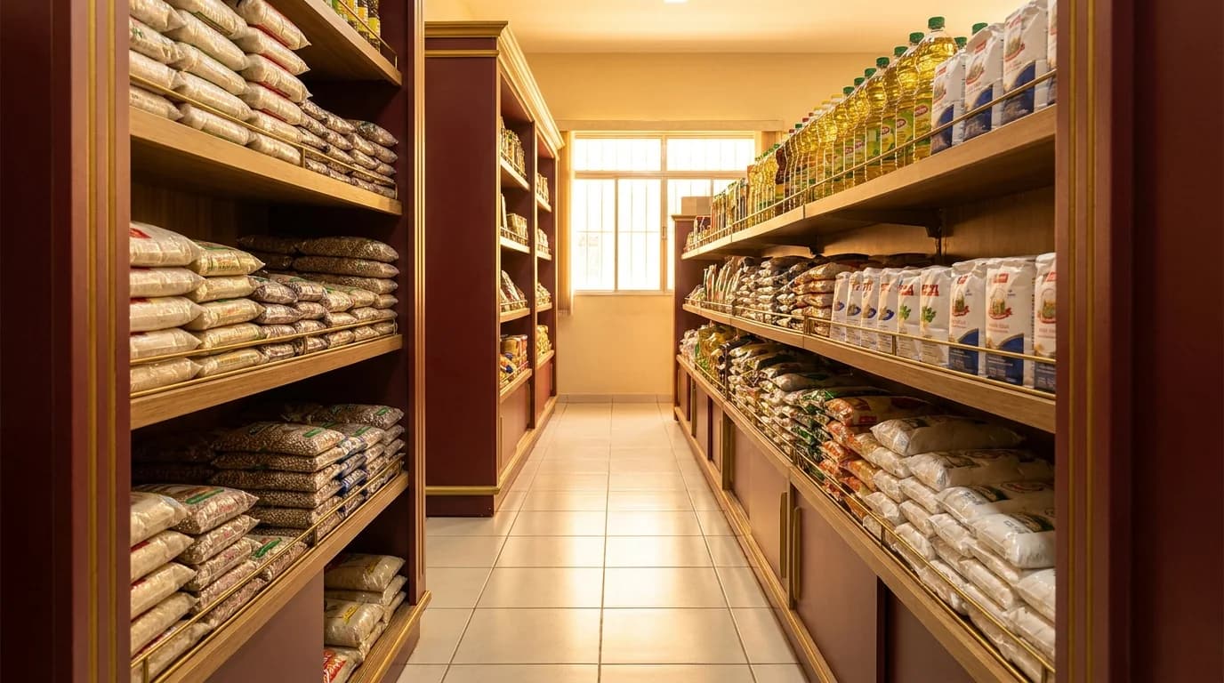 Corredor de supermercado independente com gôndolas de alimentos da cesta básica sob a Reforma Tributária - Grik Contabilidade Castro PR