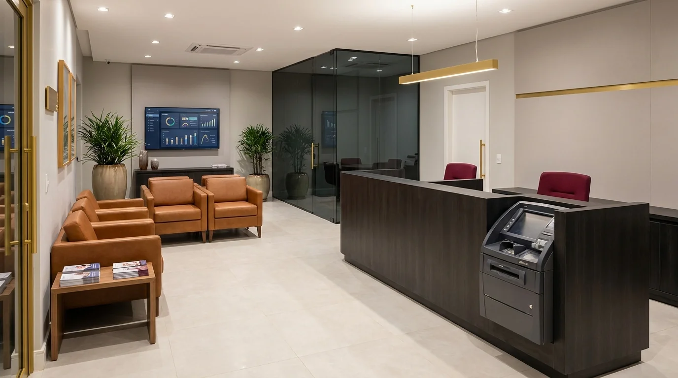Interior de agência de cooperativa de crédito premium com balcão de atendimento em madeira escura, poltronas de couro cognac e ambiente sereno - contabilidade cooperativa Grik Castro PR Interior de agência de cooperativa de crédito premium com balcão de atendimento em madeira escura, poltronas de couro cognac e ambiente sereno - contabilidade cooperativa Grik Castro PR