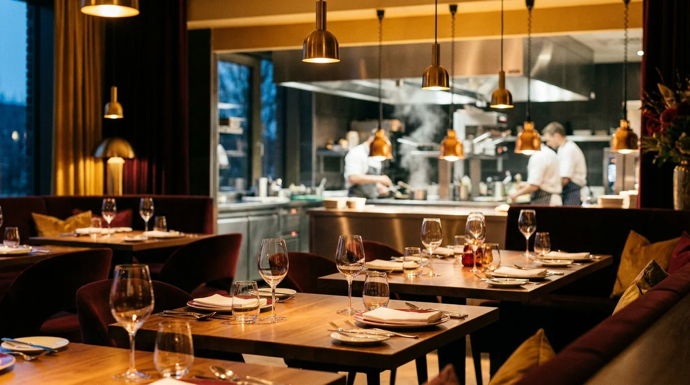 Interior de restaurante com mesas postas e cozinha ao fundo sob a Reforma Tributária e o fim de ISS e ICMS - Grik Contabilidade Castro PR