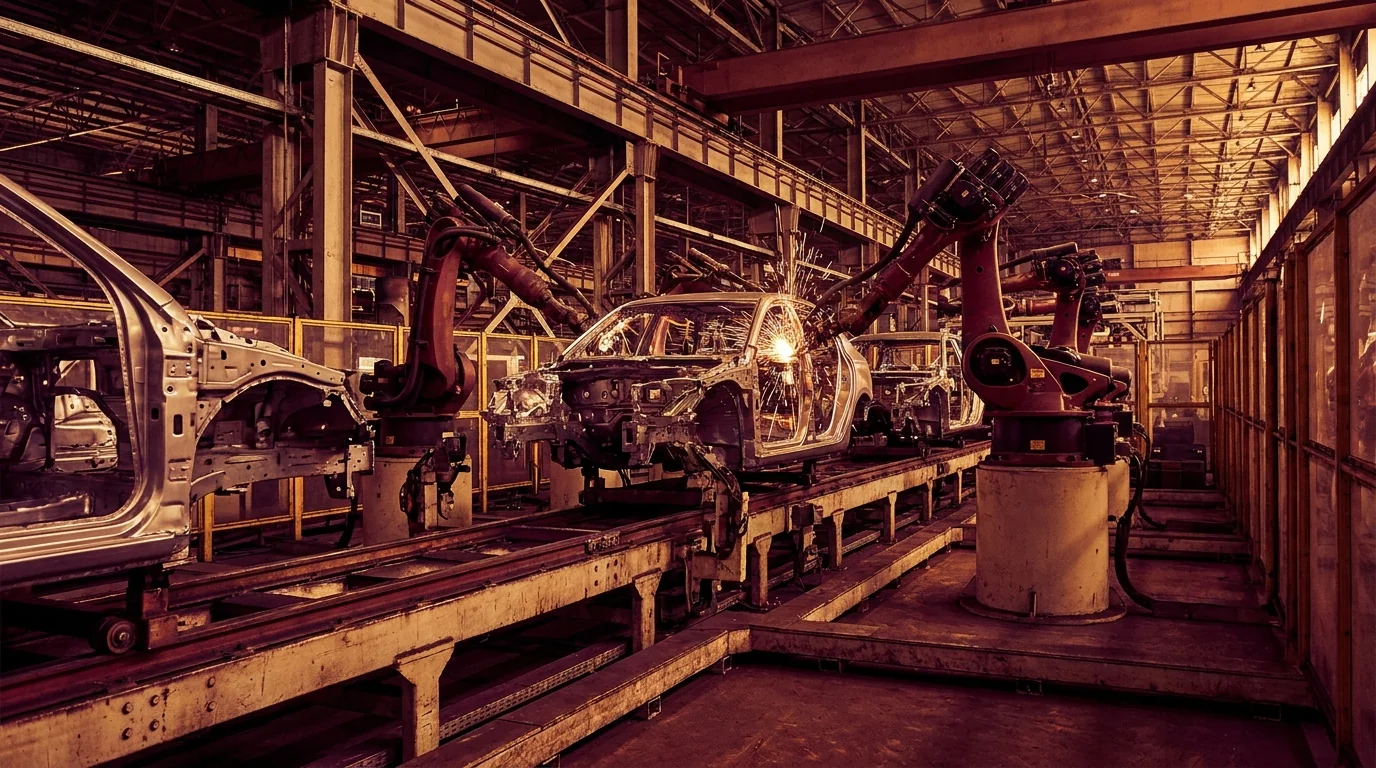 Linha de montagem automotiva industrial com robôs e chassis de aço sob a Reforma Tributária - Grik Contabilidade Castro PR