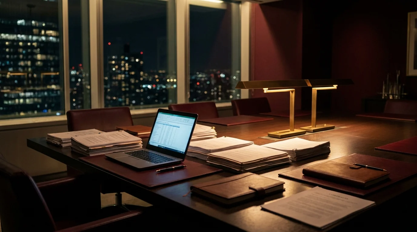 Sala de reunião executiva à noite com documentos e laptop para due diligence tributária de M&A na Reforma Tributária - Grik Contabilidade Castro PR